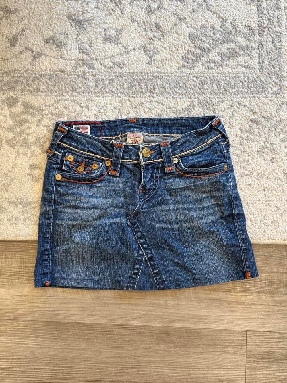 True Religion Dark Blue Denim Mini Skirt with Contrast Stitching